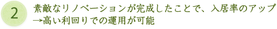 素敵なリノベーションが完成したことで、入居率のアップ→高い利回りでの運用が可能